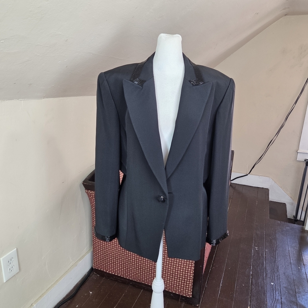 CARLISLE 100% Silk Blazer Jacket Black Beaded Collar & Cuffs Vintage Size 14